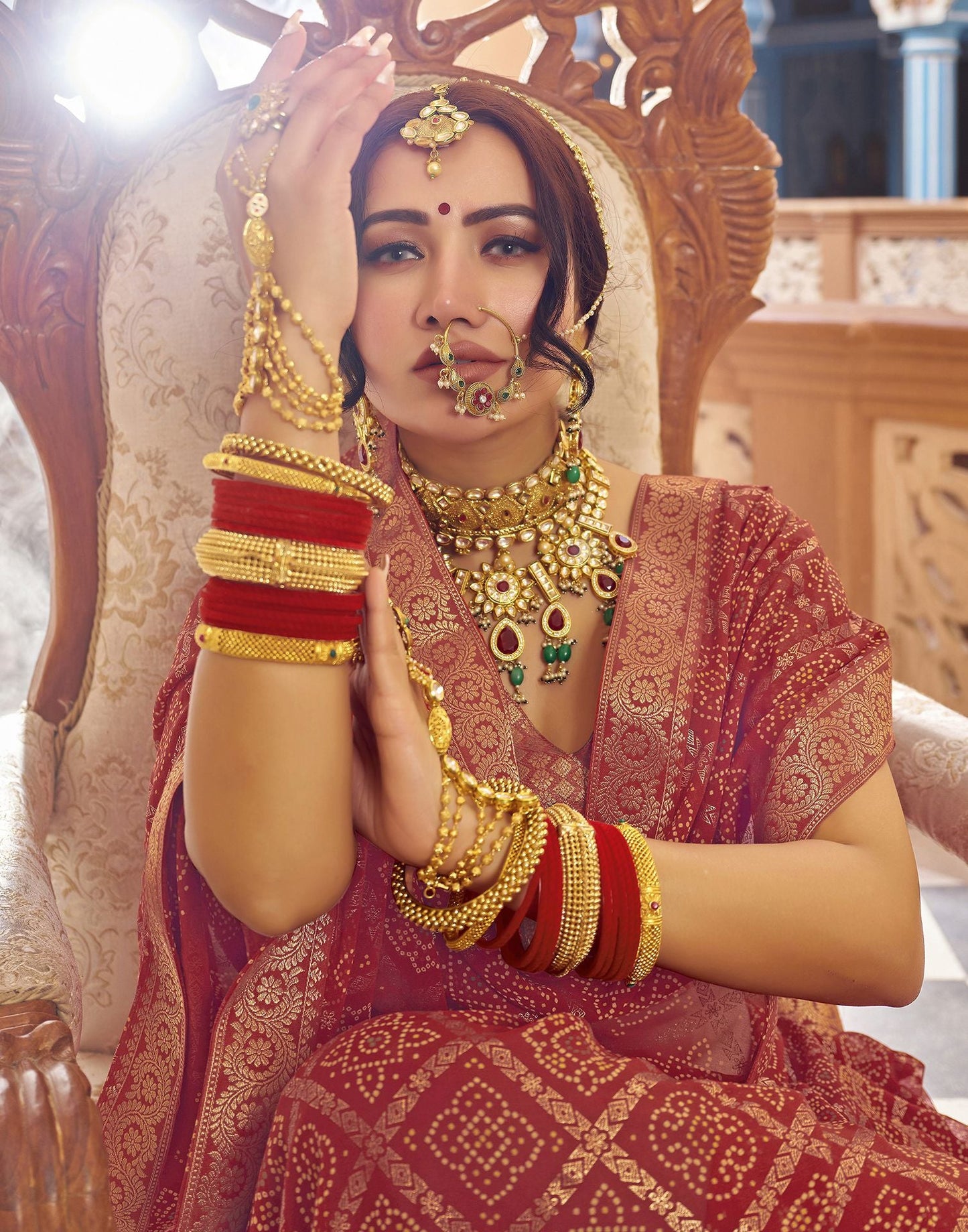 Cherry Red Jacquard Georgette Saree