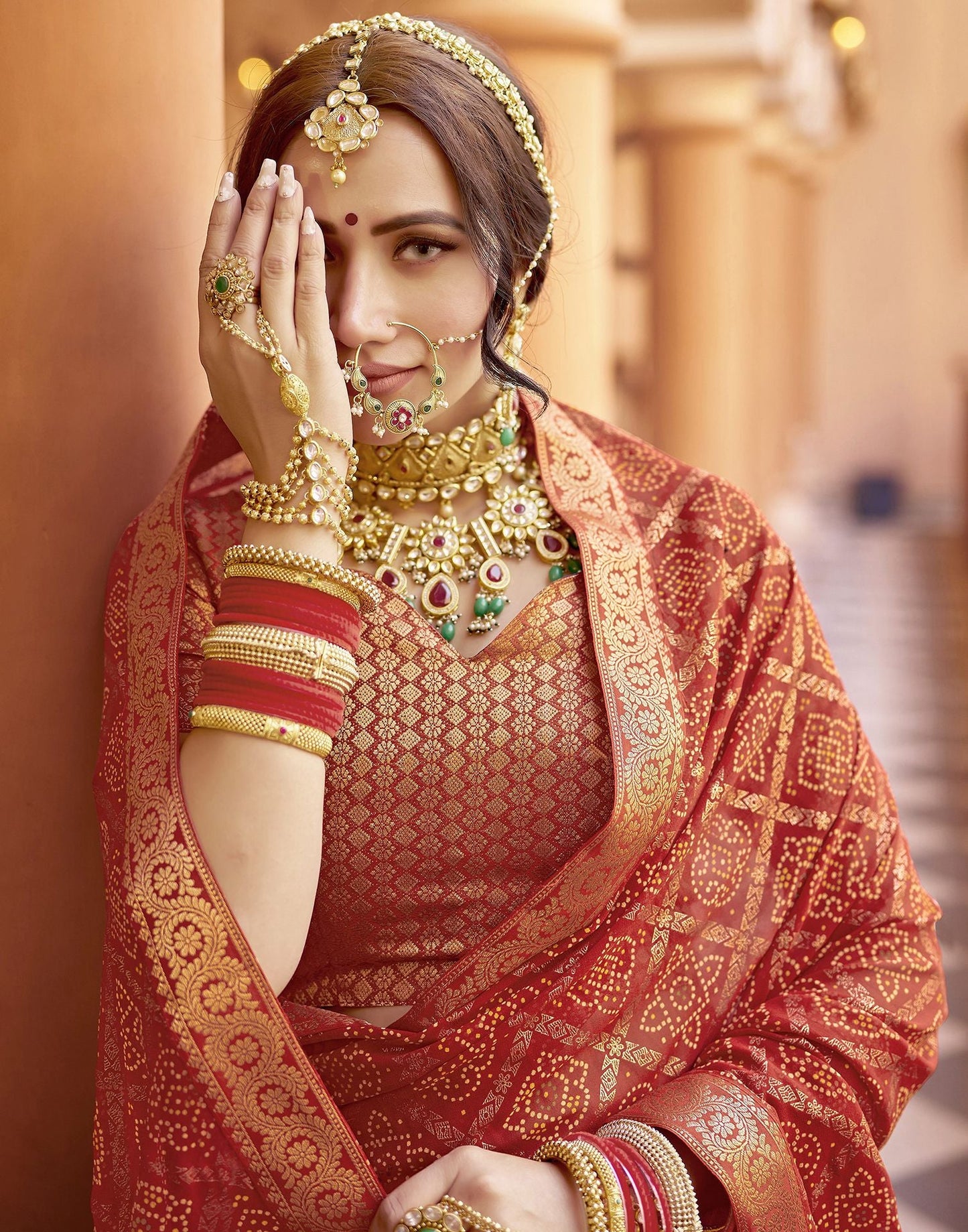 Cherry Red Jacquard Georgette Saree