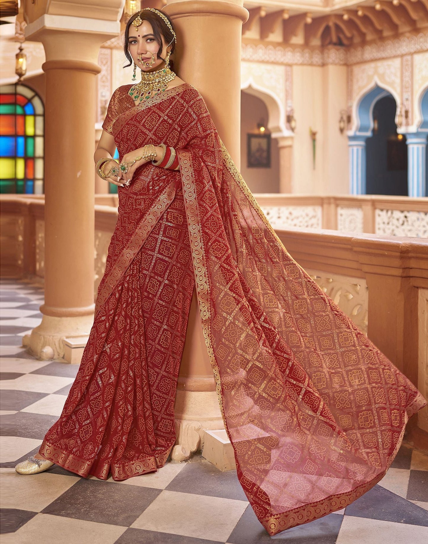 Cherry Red Jacquard Georgette Saree