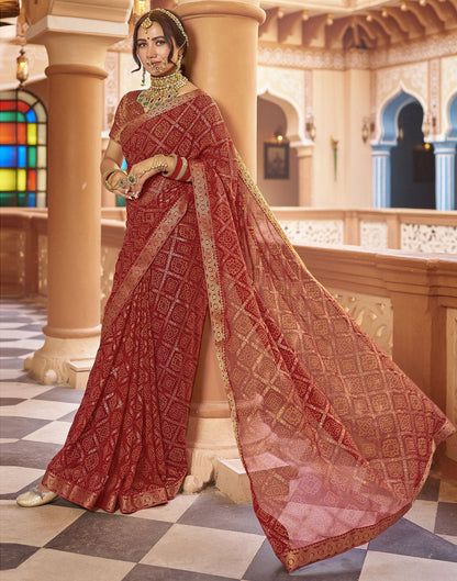 Cherry Red Jacquard Georgette Saree