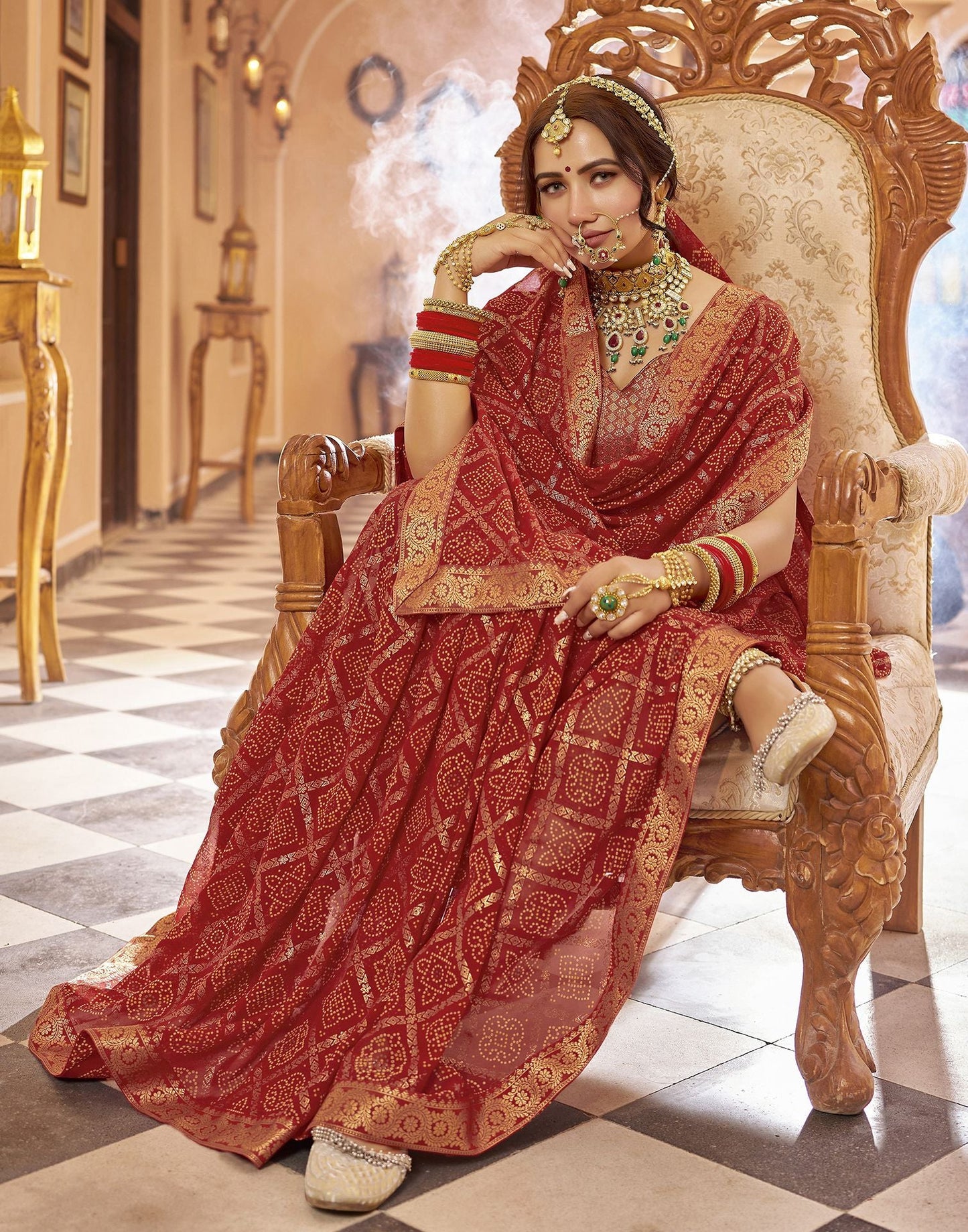 Cherry Red Jacquard Georgette Saree