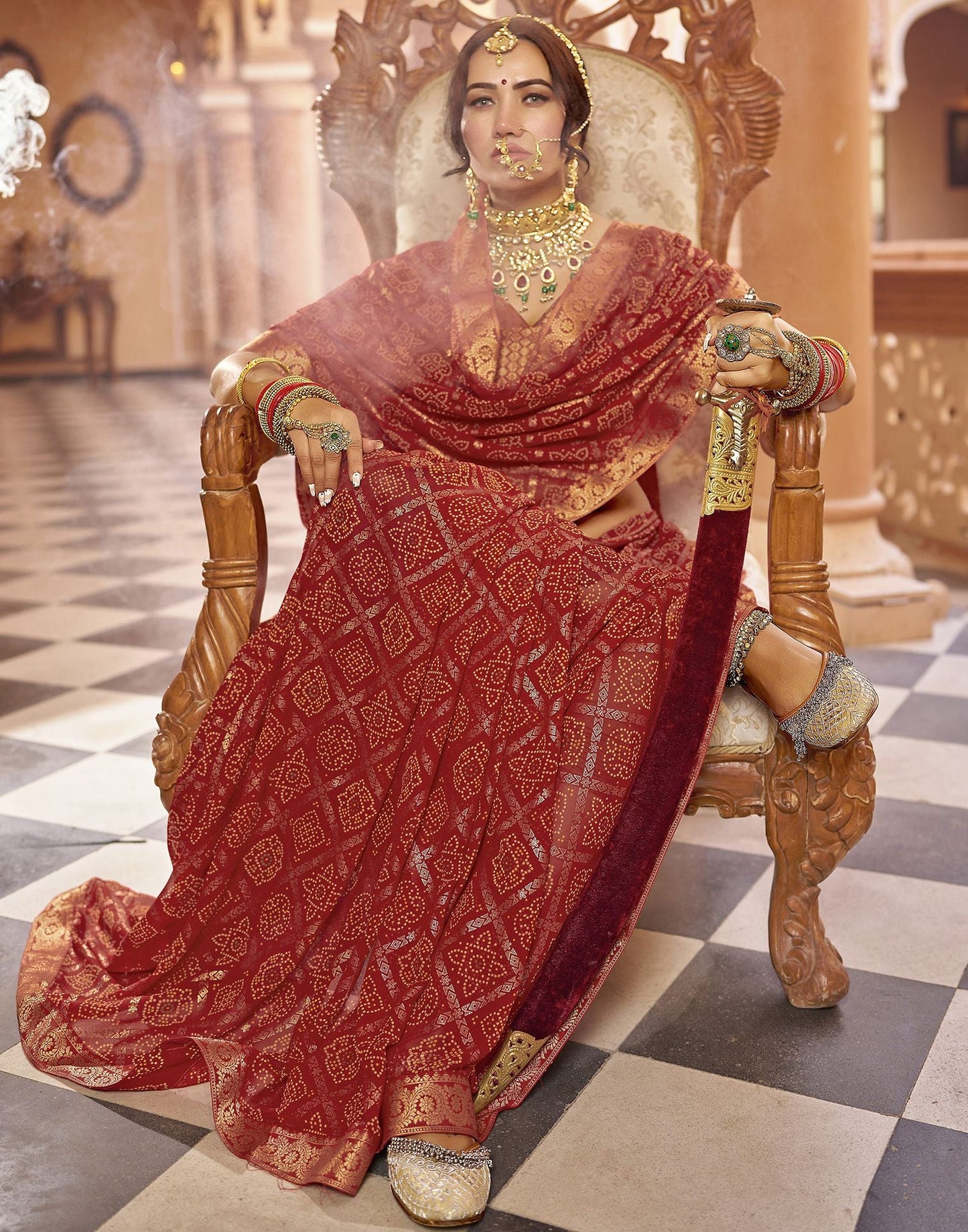 Cherry Red Jacquard Georgette Saree