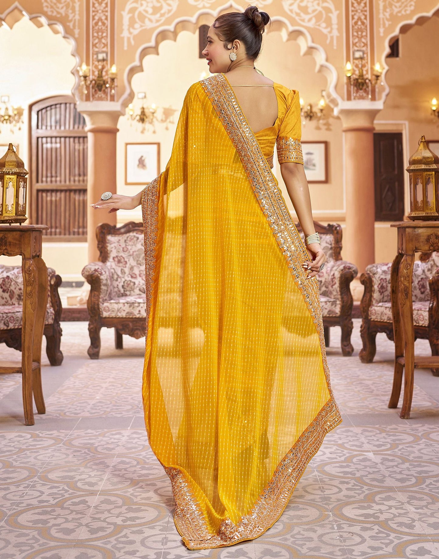 Yellow Plain Gergette Saree