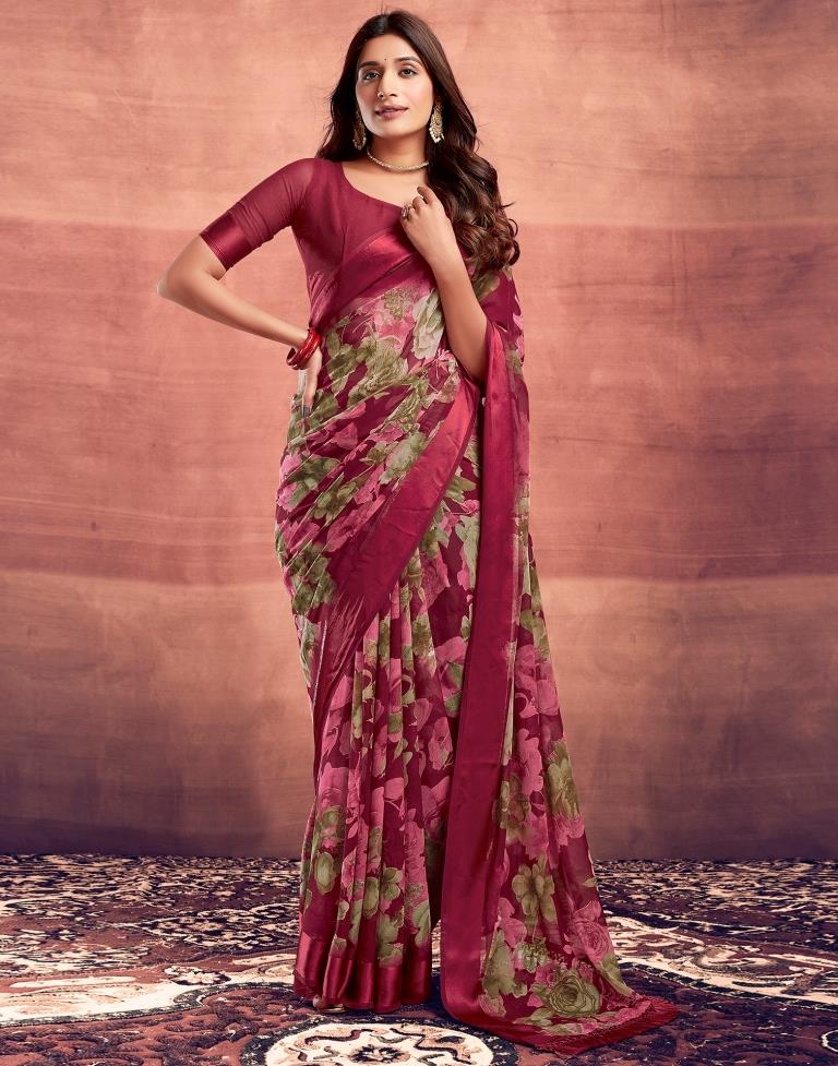 Dark Cherry Red Printed Georgette Saree