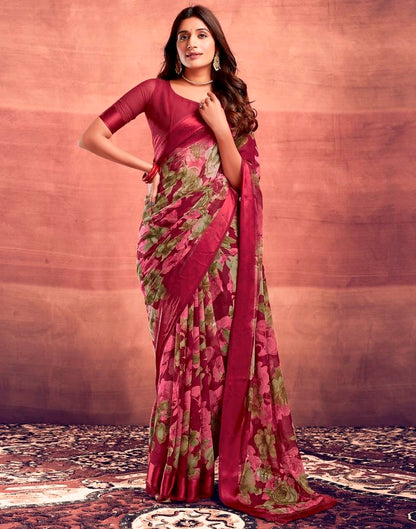 Dark Cherry Red Printed Georgette Saree