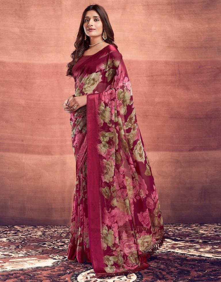 Dark Cherry Red Printed Georgette Saree
