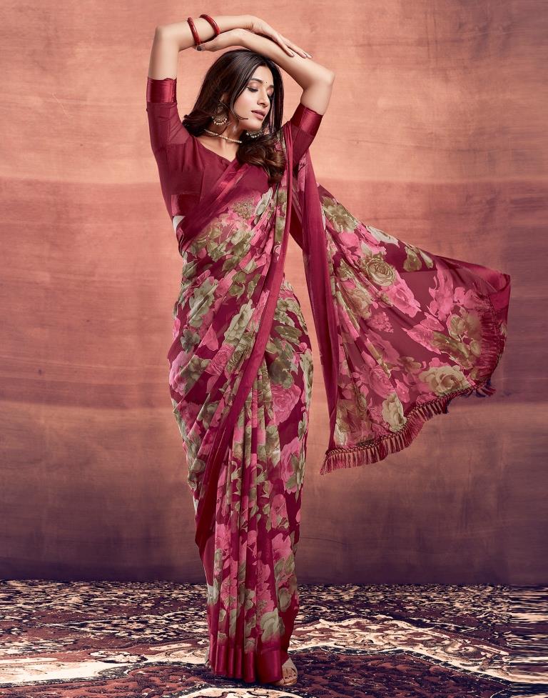 Dark Cherry Red Printed Georgette Saree