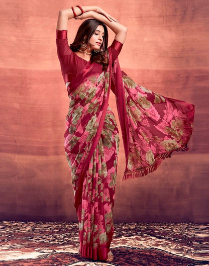 Dark Cherry Red Printed Georgette Saree