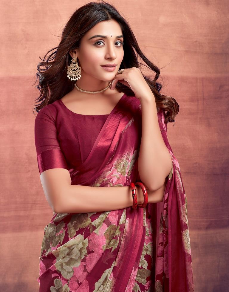 Dark Cherry Red Printed Georgette Saree