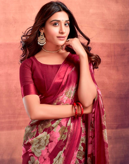Dark Cherry Red Printed Georgette Saree