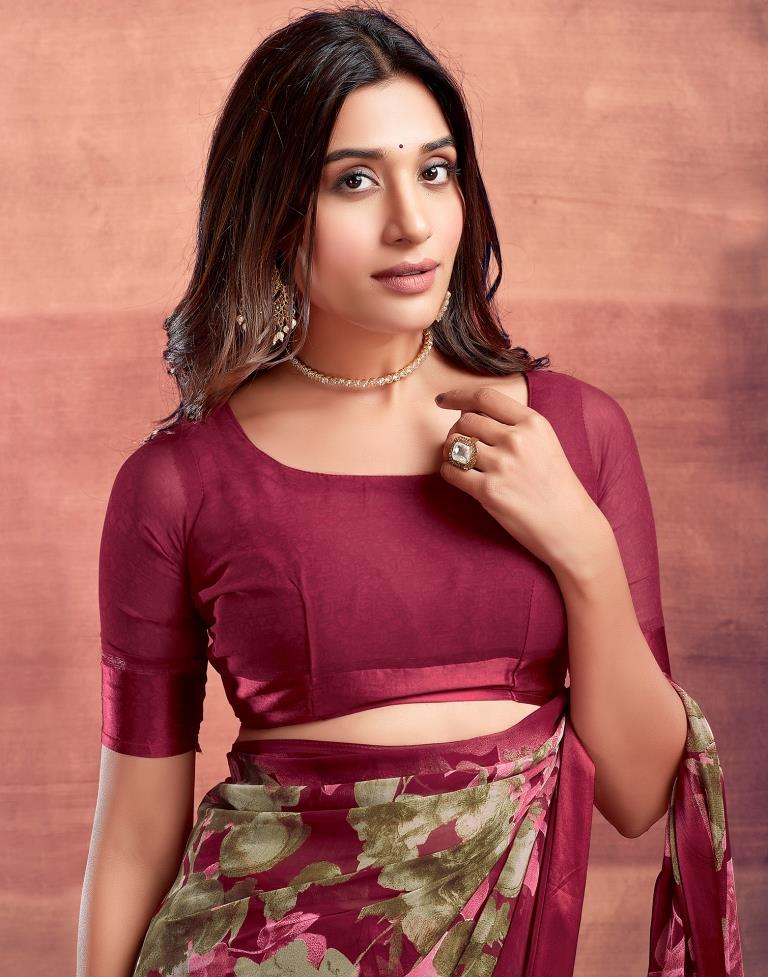 Dark Cherry Red Printed Georgette Saree