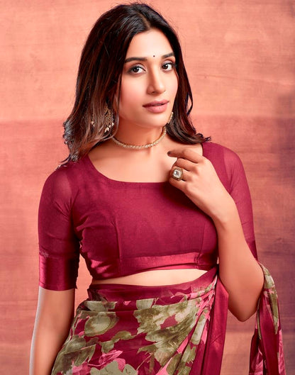 Dark Cherry Red Printed Georgette Saree