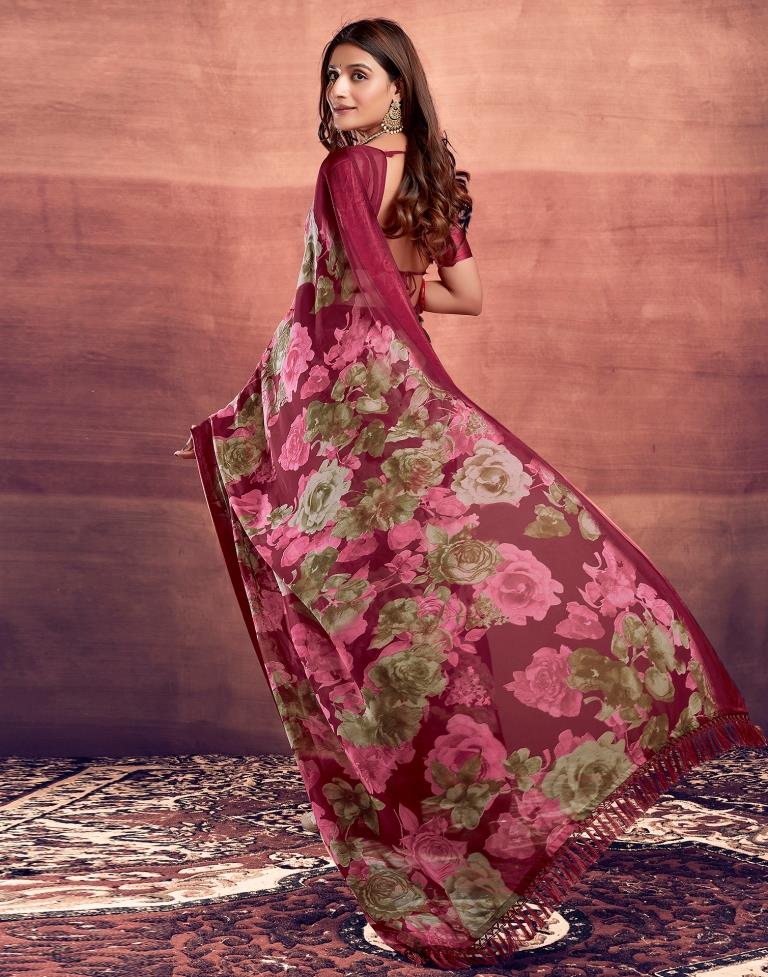 Dark Cherry Red Printed Georgette Saree