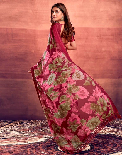Dark Cherry Red Printed Georgette Saree