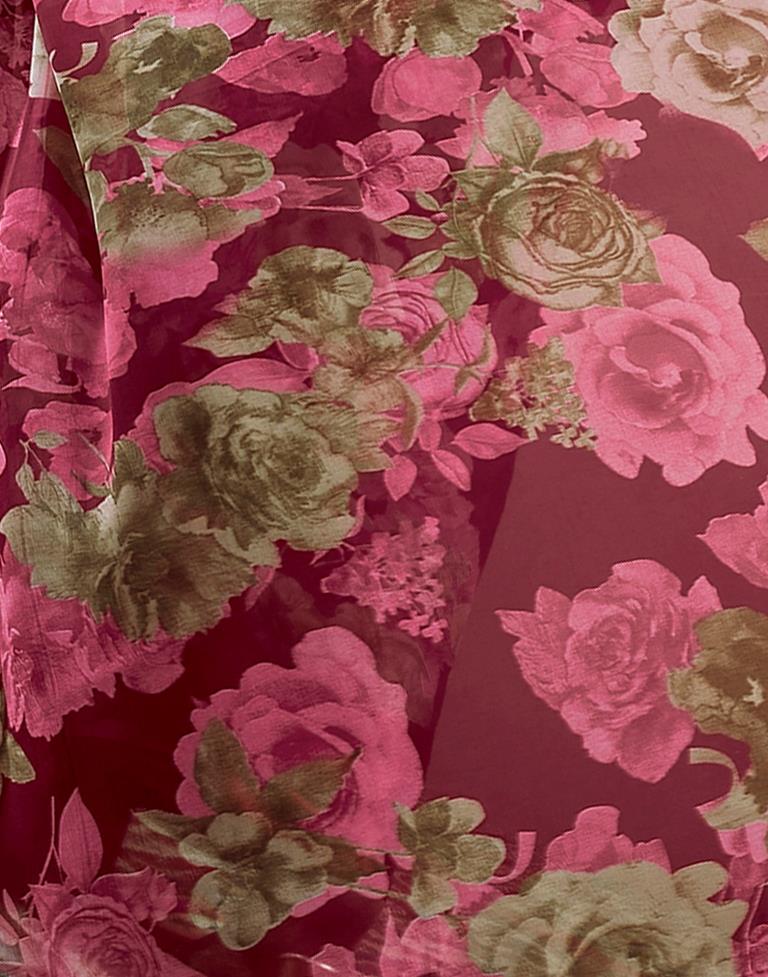 Dark Cherry Red Printed Georgette Saree