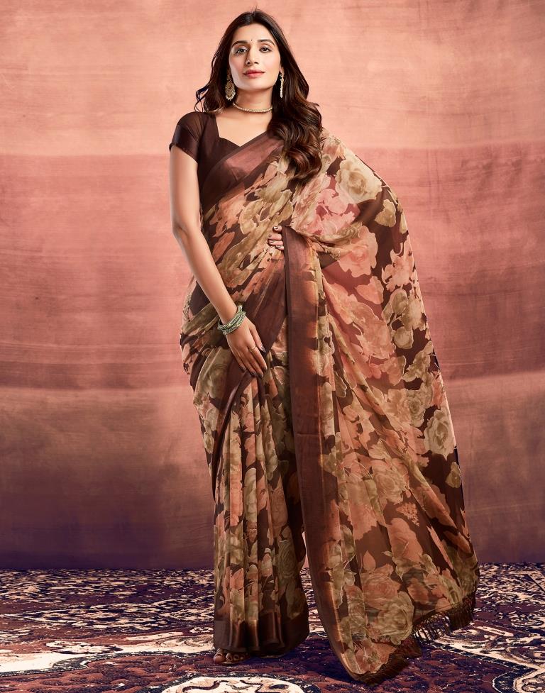 Brown Printed Georgette Saree