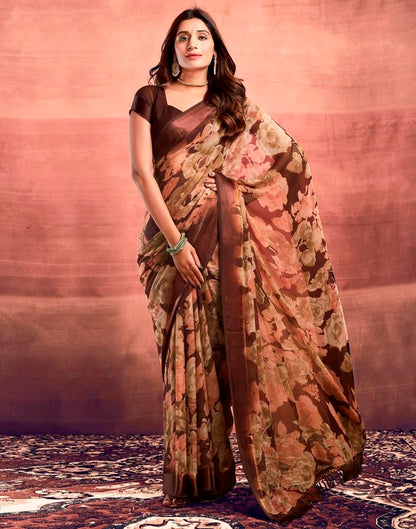 Brown Printed Georgette Saree