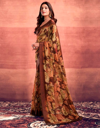 Brown Printed Georgette Saree