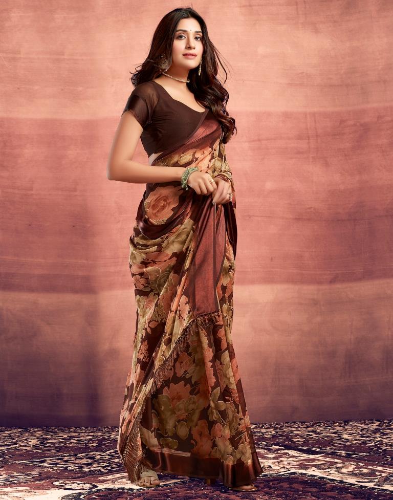 Brown Printed Georgette Saree