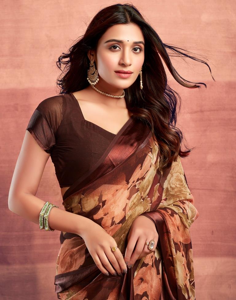 Brown Printed Georgette Saree