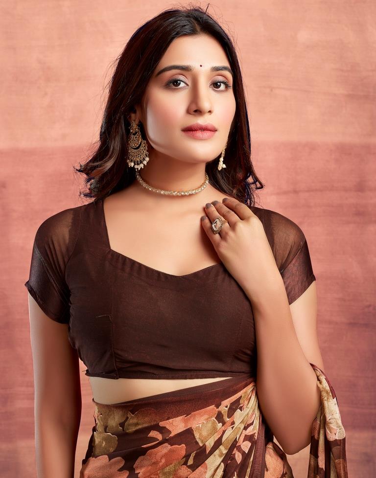 Brown Printed Georgette Saree