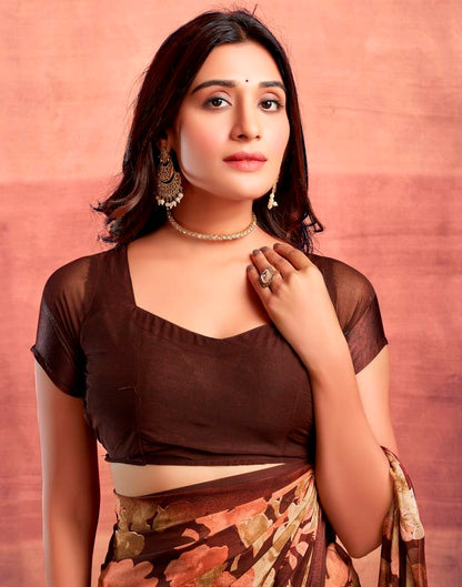 Brown Printed Georgette Saree