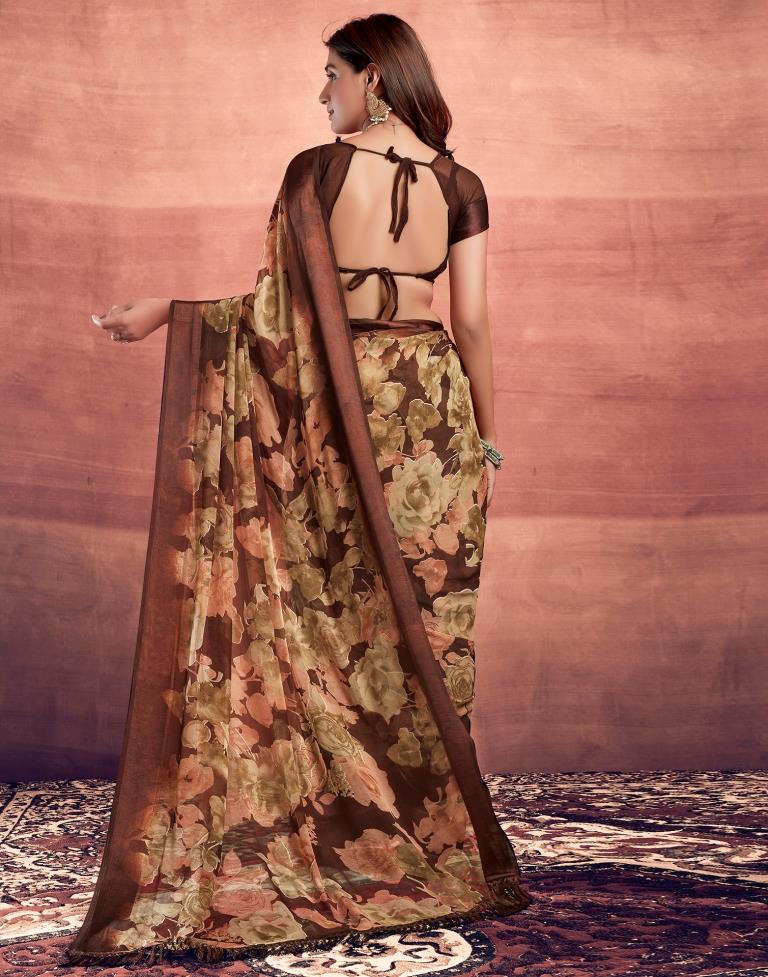 Brown Printed Georgette Saree