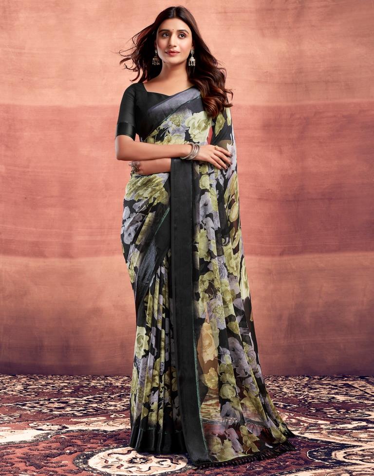 Black & Multicolour Printed Georgette Saree