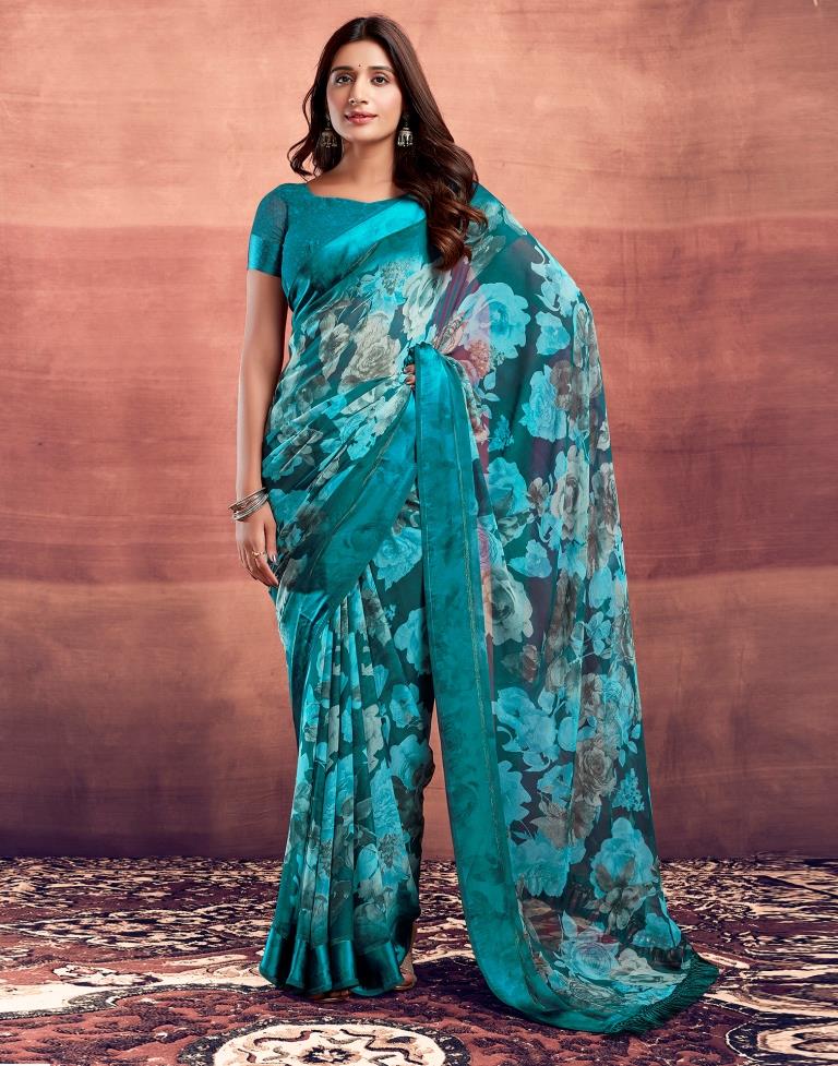 Teal Blue Printed Georgette Saree