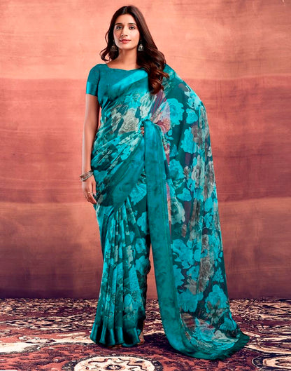 Teal Blue Printed Georgette Saree
