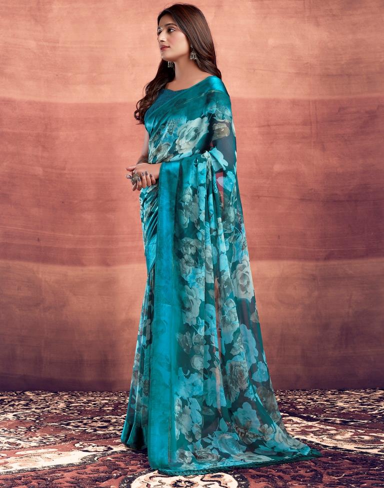 Teal Blue Printed Georgette Saree