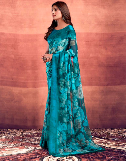 Teal Blue Printed Georgette Saree