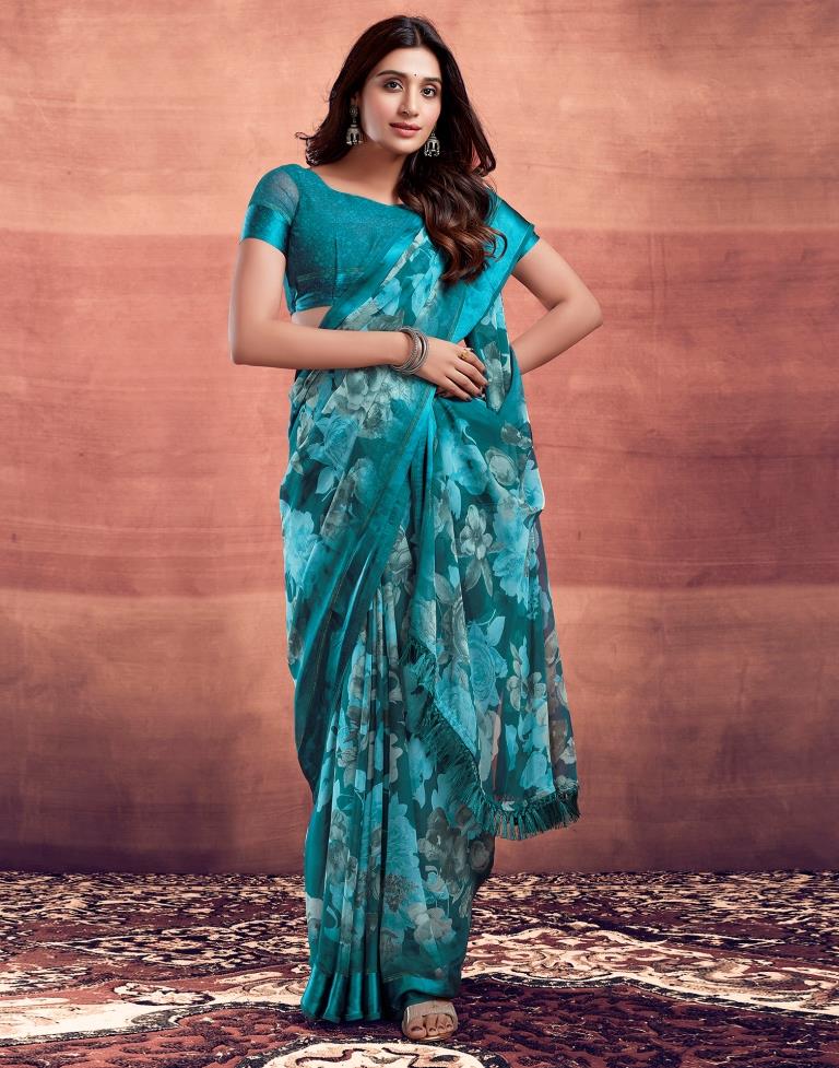 Teal Blue Printed Georgette Saree
