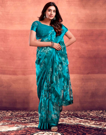 Teal Blue Printed Georgette Saree