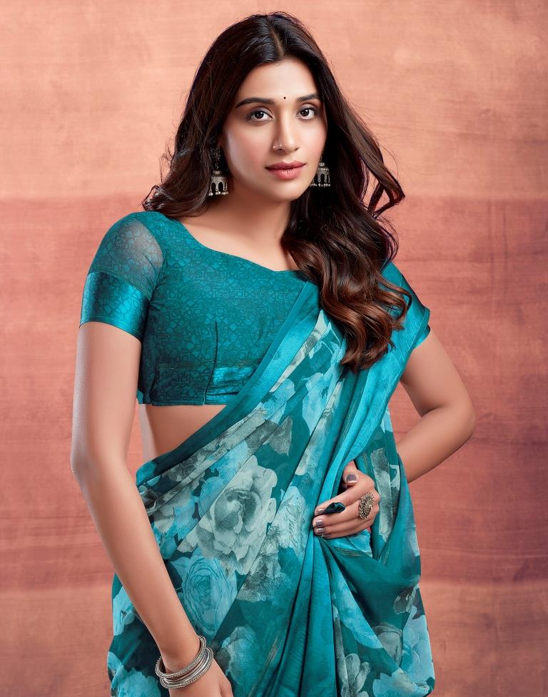 Teal Blue Printed Georgette Saree