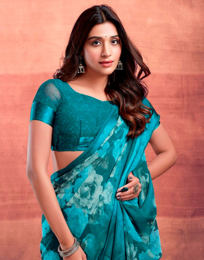 Teal Blue Printed Georgette Saree