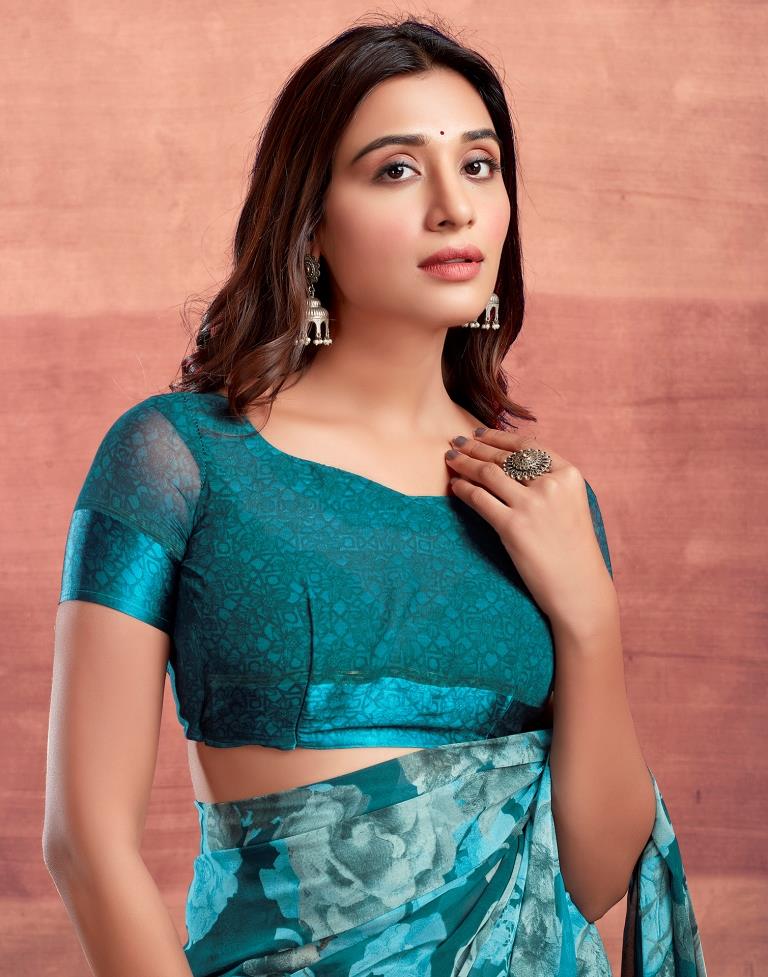Teal Blue Printed Georgette Saree
