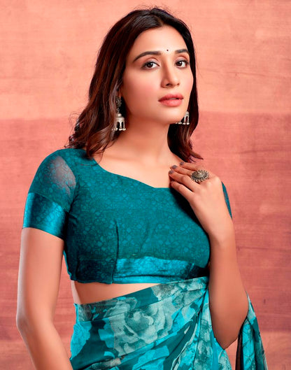 Teal Blue Printed Georgette Saree