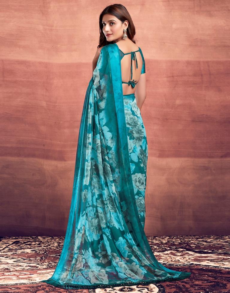 Teal Blue Printed Georgette Saree