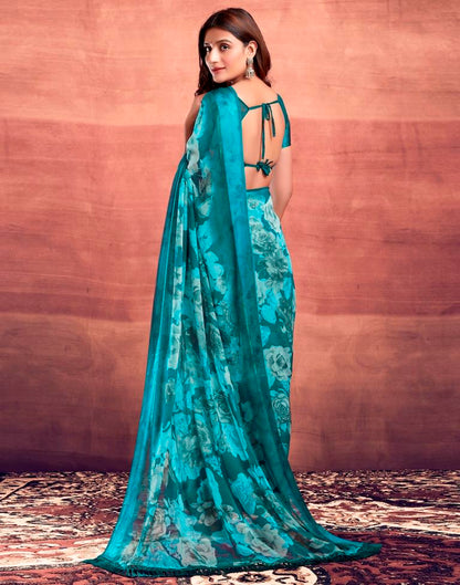 Teal Blue Printed Georgette Saree