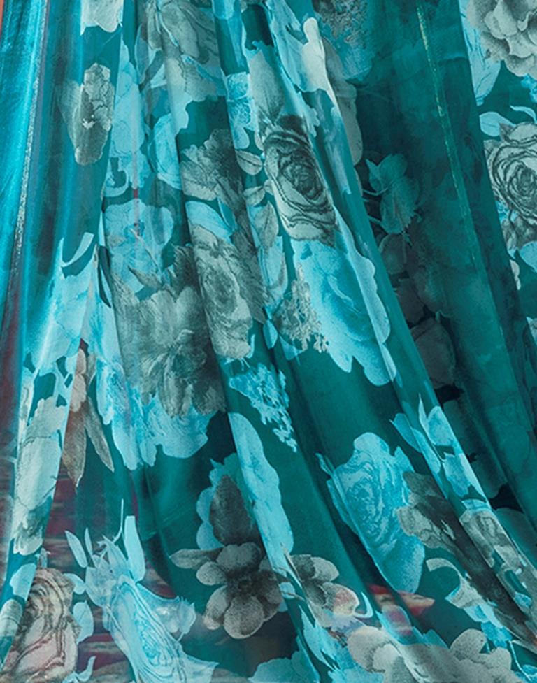 Teal Blue Printed Georgette Saree