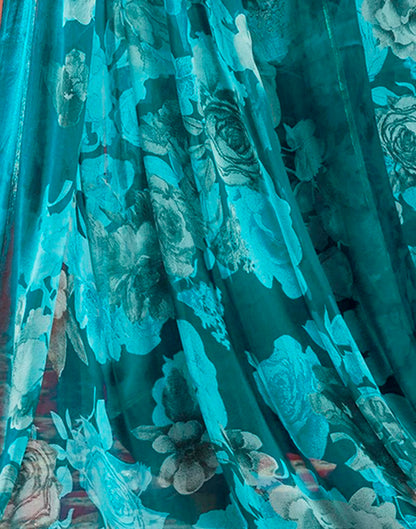 Teal Blue Printed Georgette Saree