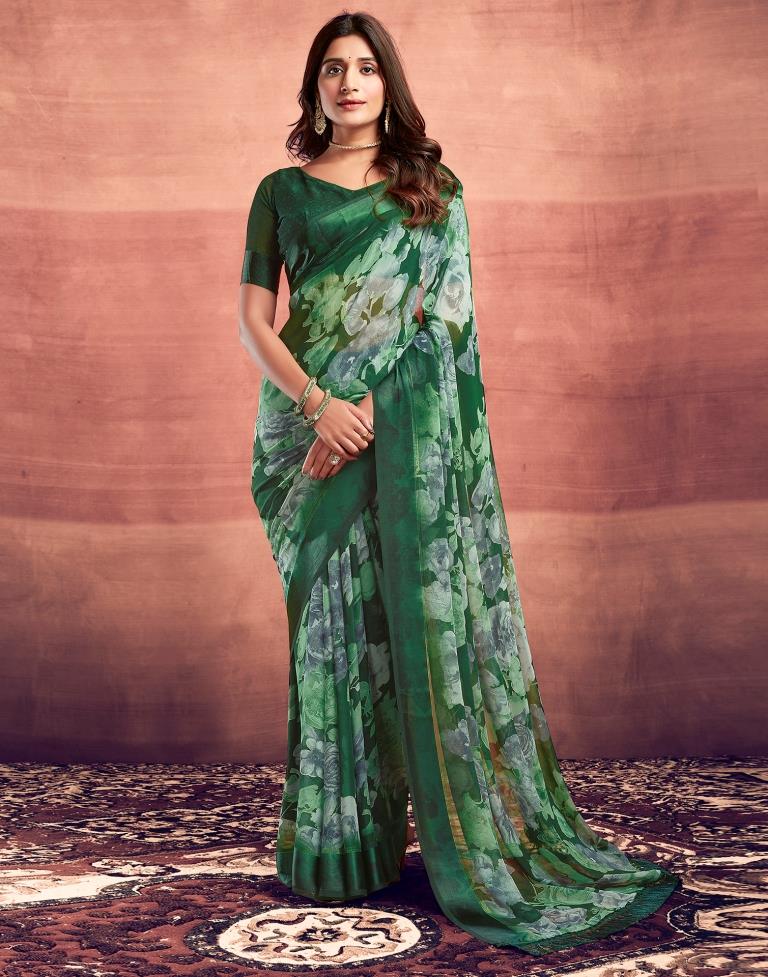 Dark Green Printed Georgette Saree