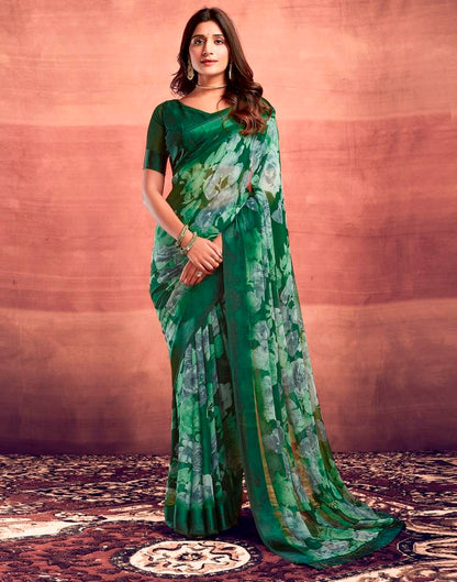 Dark Green Printed Georgette Saree