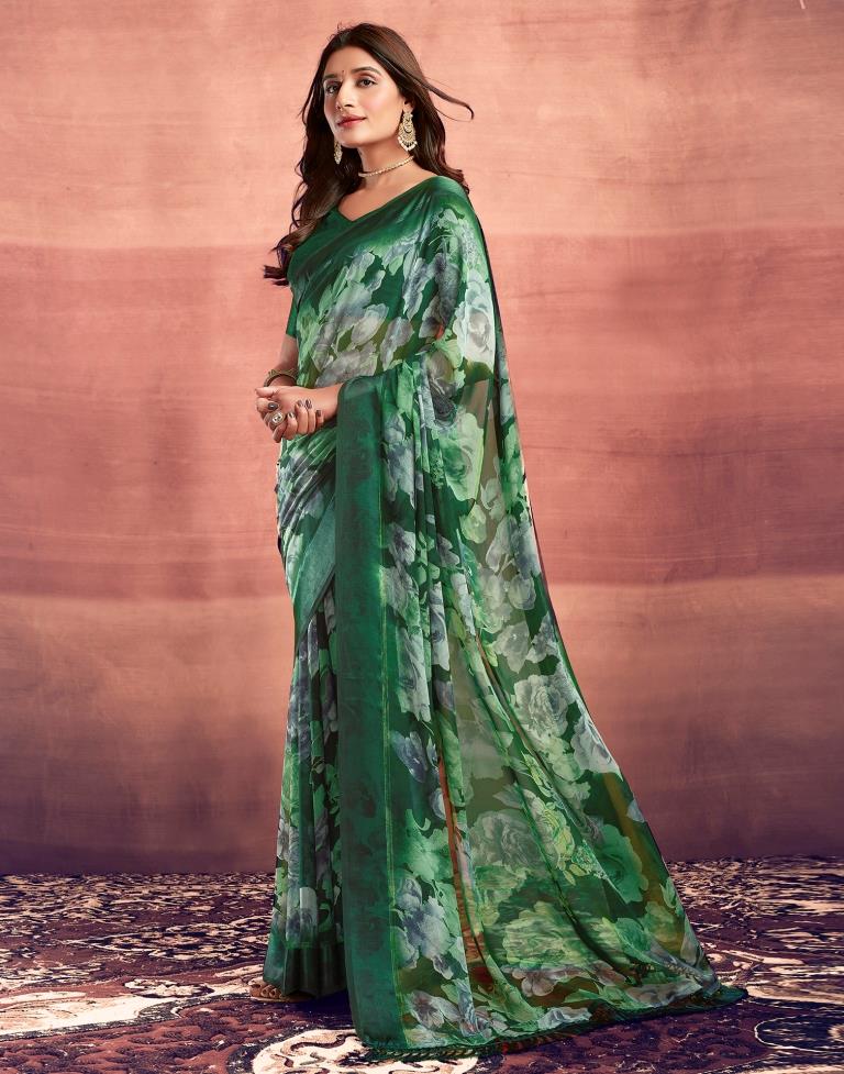 Dark Green Printed Georgette Saree