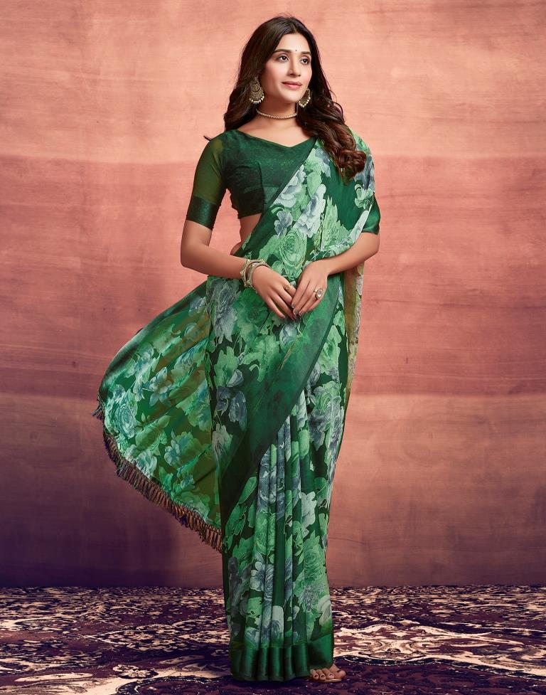 Dark Green Printed Georgette Saree