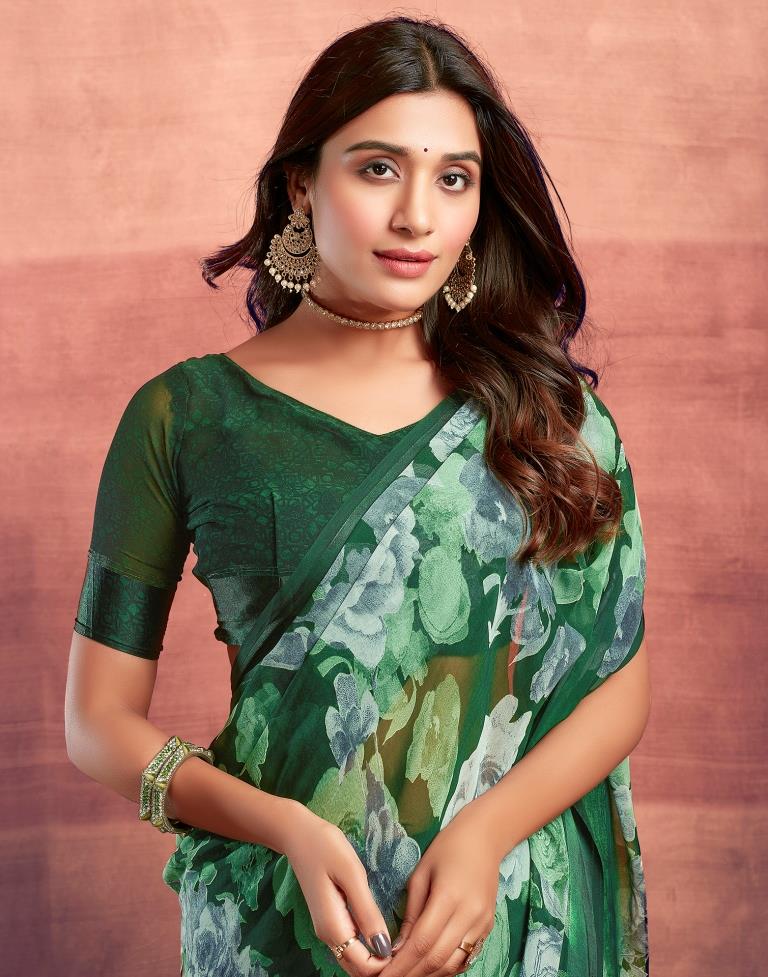 Dark Green Printed Georgette Saree