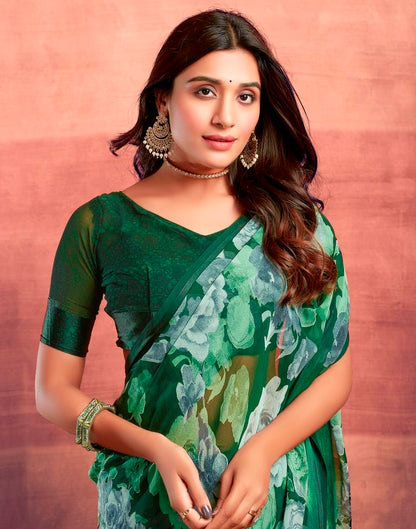 Dark Green Printed Georgette Saree