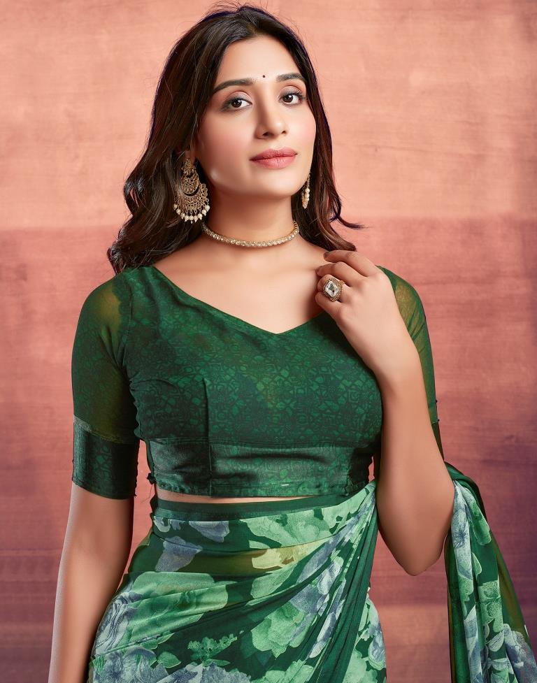 Dark Green Printed Georgette Saree