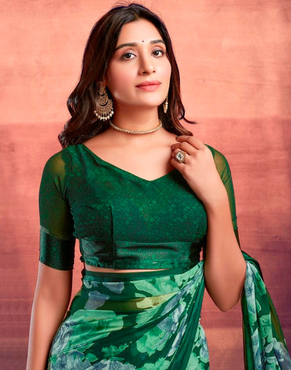 Dark Green Printed Georgette Saree